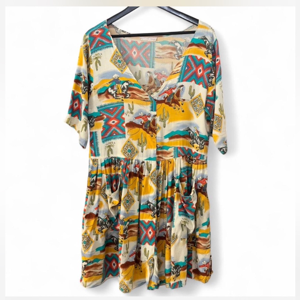 VINTAGE 90s Marikka Nakk Colorful Western Print Babydoll Dress With Pockets